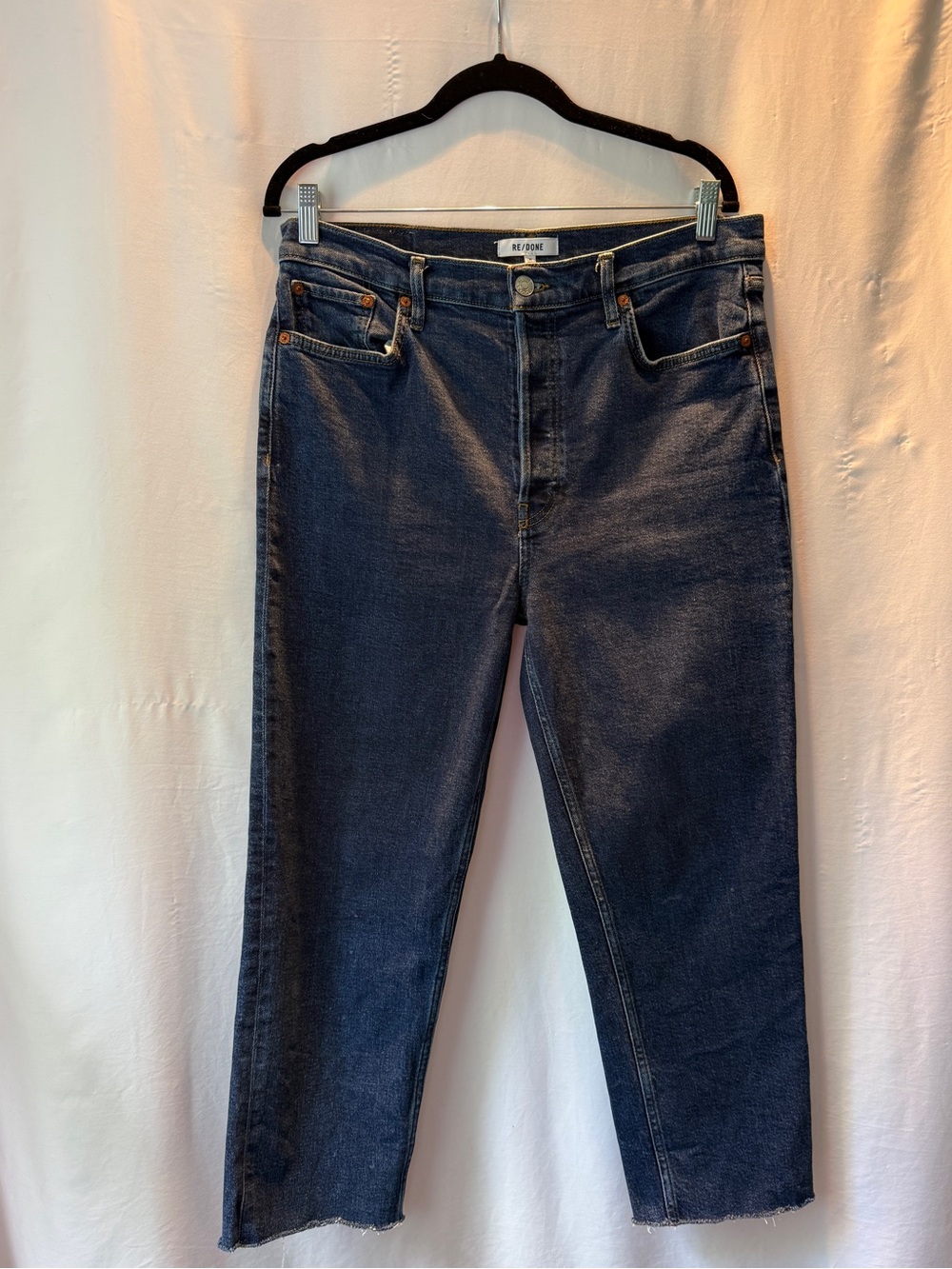 RE/DONE High-Rise Cropped Straight Jeans - Dark Rinse Button Fly